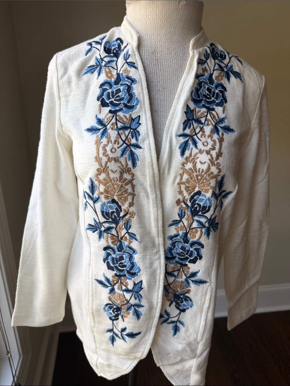 Chico's Cream Cardigan with Blue and Tan Floral Embroidery